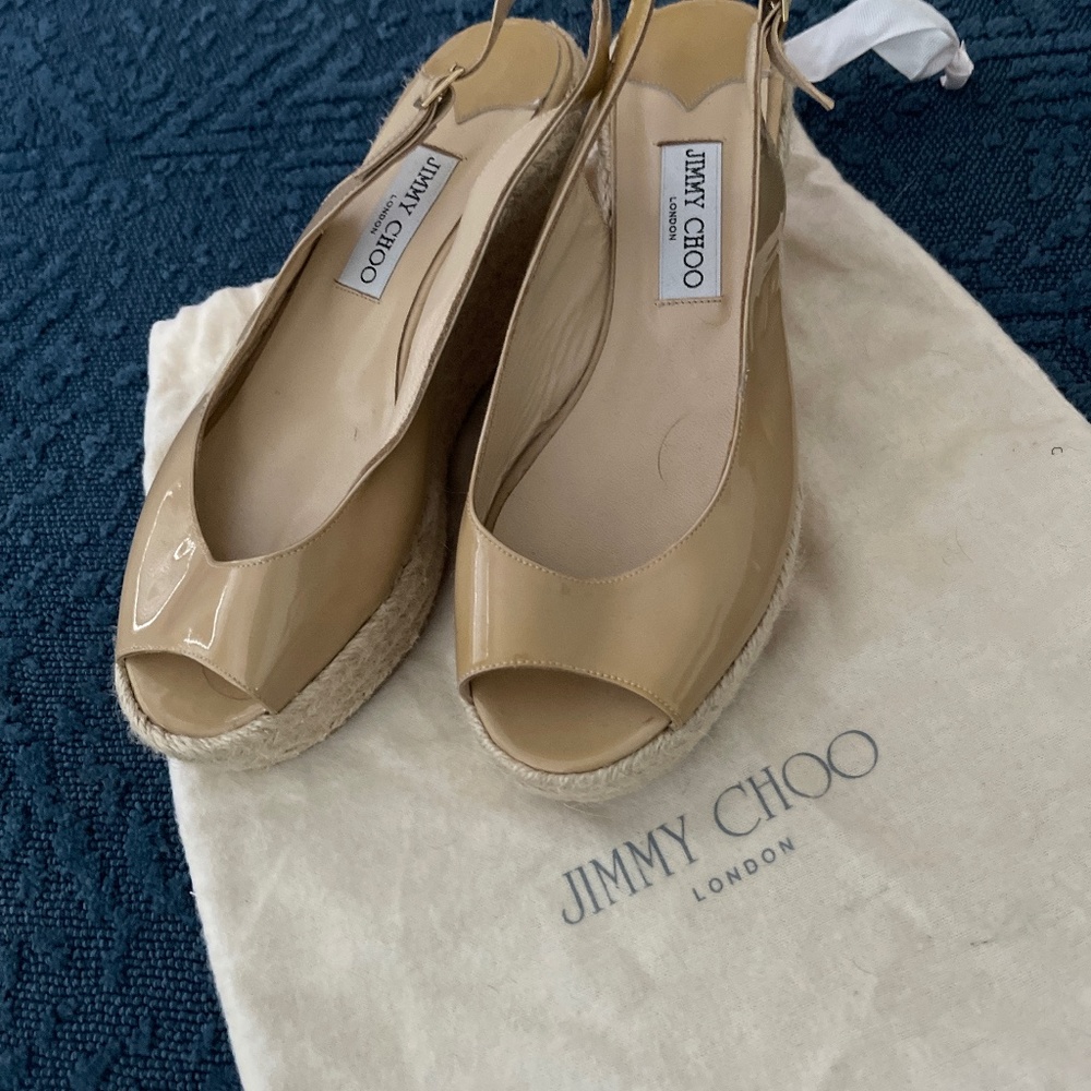 Jimmy Choo nude patent leather wedge sandals